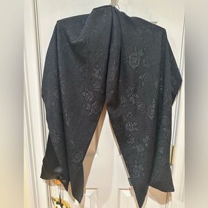 Cejon Wrap, 70" x 20", black floral pattern on one side, Black Satin on other